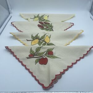 4-Vintage Tea or Cocktail Napkins Different Fruits Embroidered Scalloped Edges